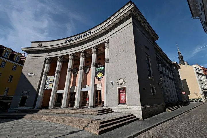 The grand exterior of the Sõprus cinema building with classical columns.