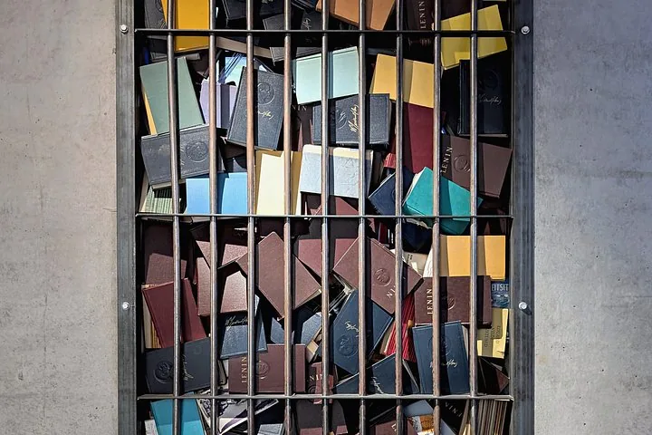 A metal grate covering a tightly packed collection of books.