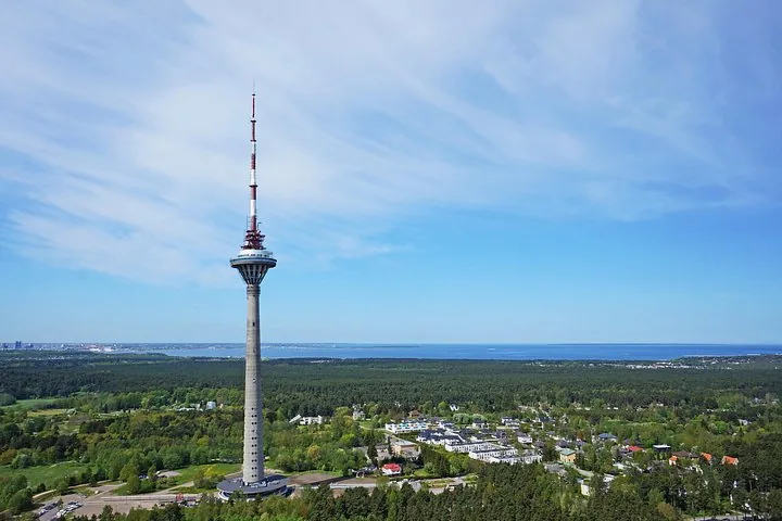 Tallinn TV Tower standing above a green, forested landscape near the sea.